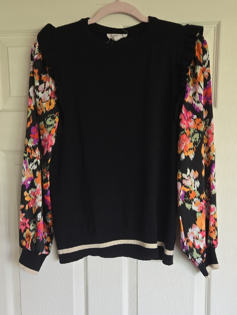 THML Black Sweater with Vibrant Floral Silky Sleeves Medium